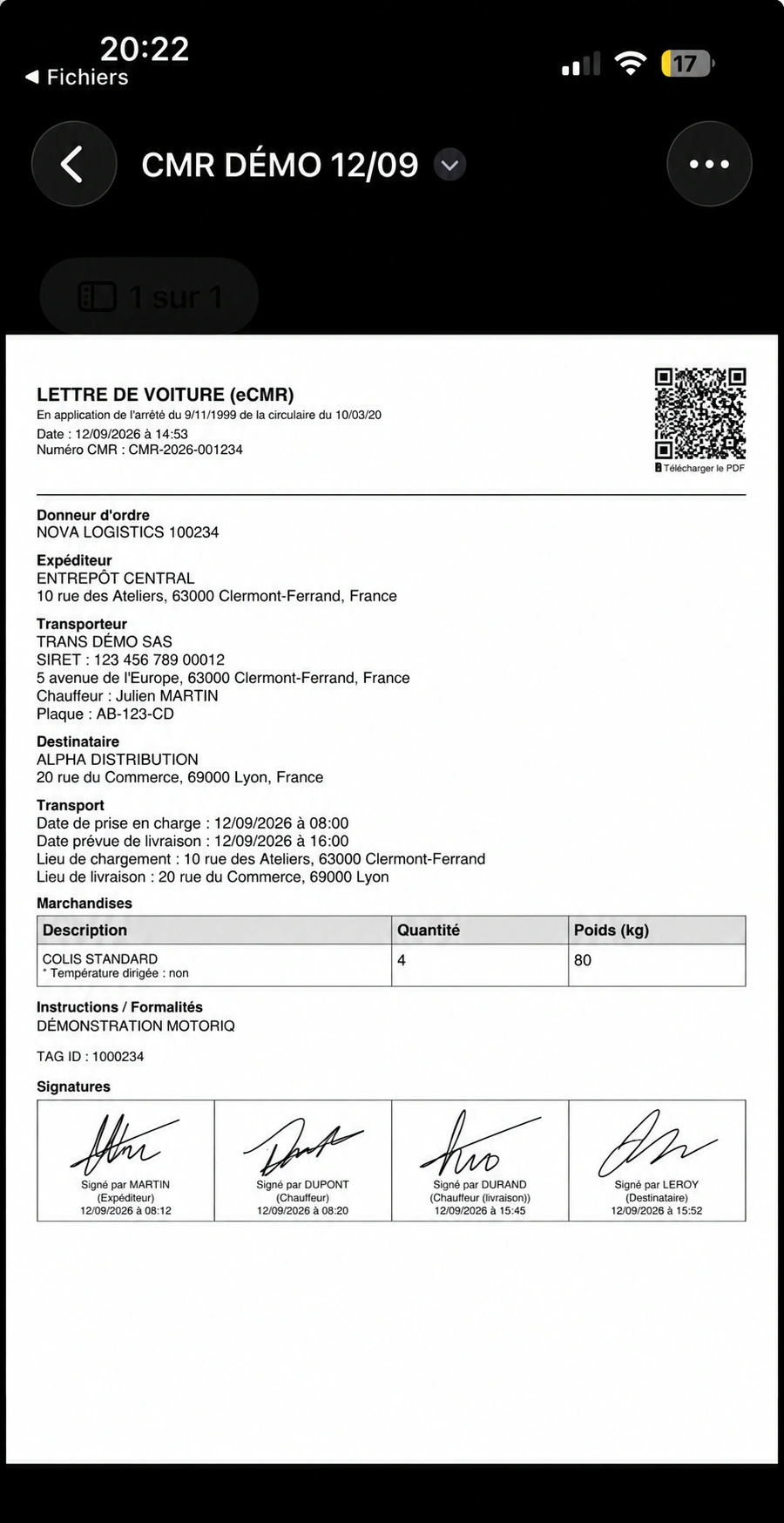 Lettre de voiture électronique eCMR avec signatures dans MotoriQ