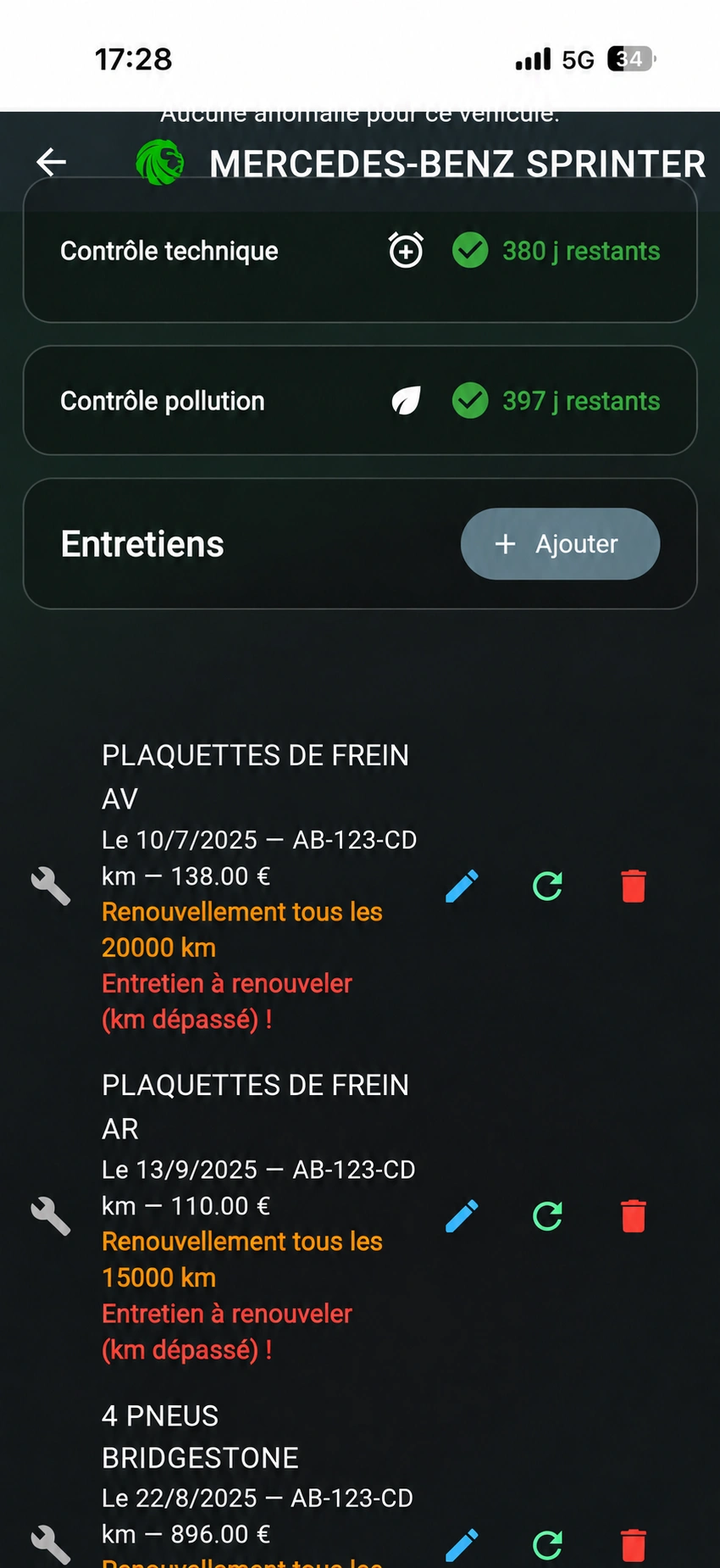 Suivi des entretiens d'un véhicule dans MotoriQ