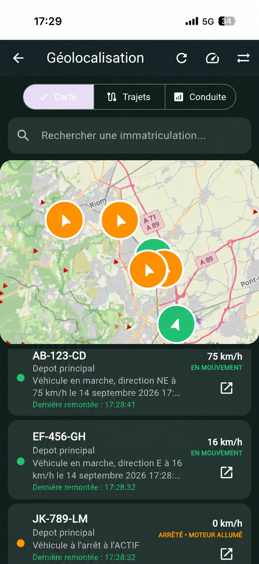 Carte de géolocalisation en direct de la flotte MotoriQ